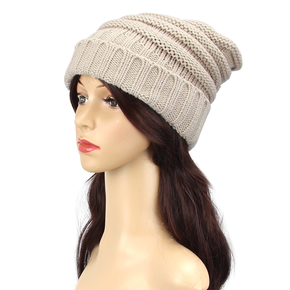 Aszune Warm Beanie Cap Oversized Knitting Hat Unisex Wool Cap (Beige)