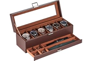 Lolalet Watch Case for Men, 6 Slot Watch Display Case with Clear Glass Lid, 2-Layer Mens Watch Box Watch Holder, 6 Watch Box Organizer, Watch Storage Case With Drawer -Espresso