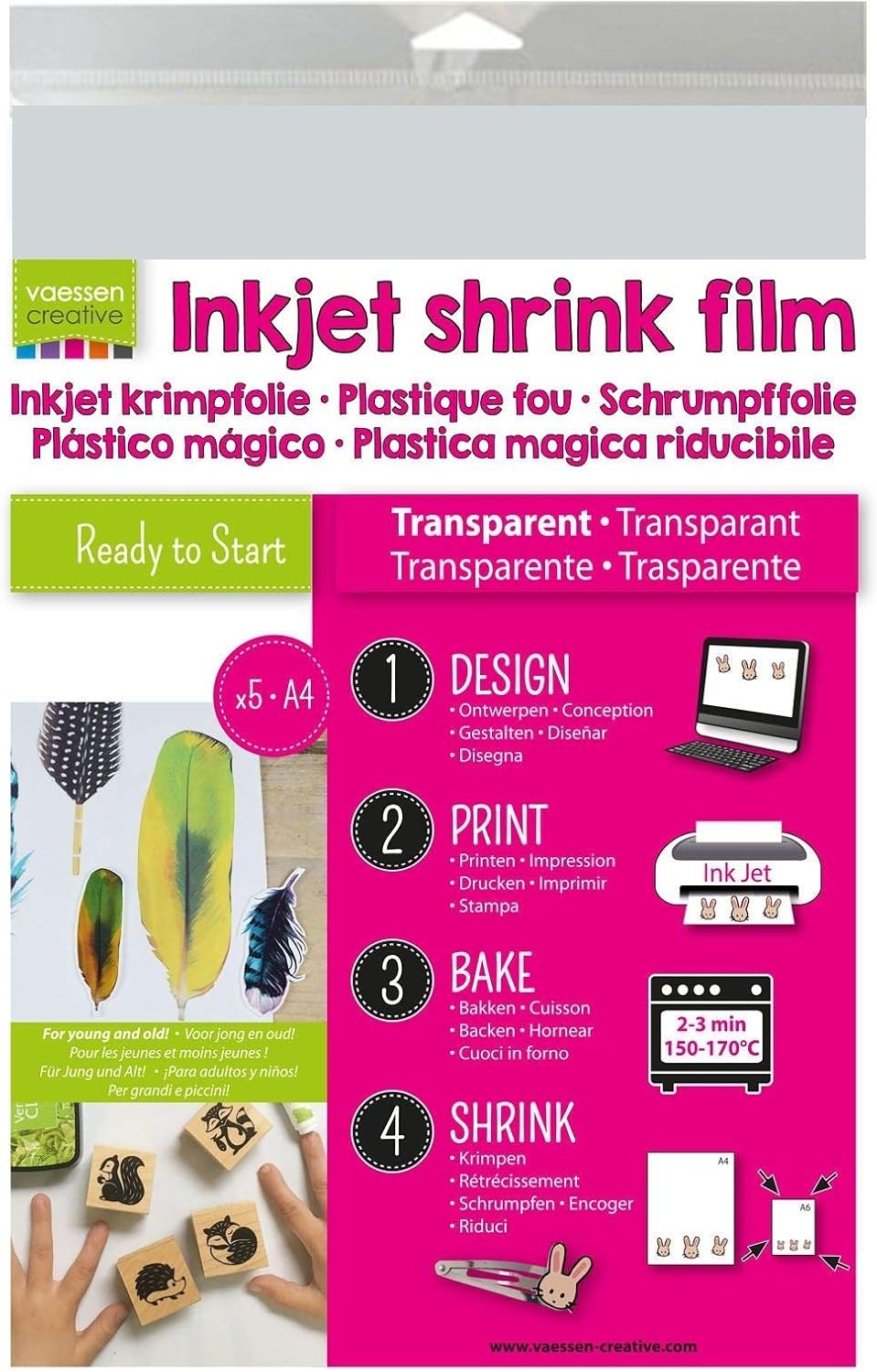 Vaessen Creative Plástico Mágico Imprimible, Transparente, 5 Hojas, Tamaño 21 x 30 cm, Imprime Directamente Diseños Personalizados para Proyectos Divertidos de Arte y Manualidades