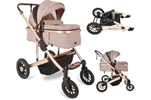 Trenana 2 in1 Baby Stroller,High Landscape Infant Stroller,Reversible Bassinet Stroller,Adjustable Backrest & Canopy,Foldable Aluminum Alloy Anti-Shock Stroller for Newborn (Gold-Khaki)