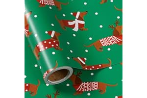 LeZakaa Christmas Dachshund Wrapping Paper Mini Roll, Dachshund Dressed in Festive Customes, White Snow-dot Xmas Green Design, Holiday Party Gift Wrap for Kids Boys Girls, 17 inches x 16.4 Feet