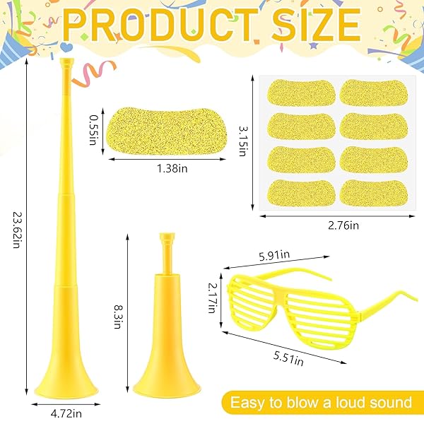 LARANDOM 12 PCS/4 SET CHEERLEADING ITEMS WITH STADIUM HORN SHUTTER SHADED GLASSES CHEERING NOISE MAKER FOR SOCCER FOOTBALL EVENTS(YELLOW)