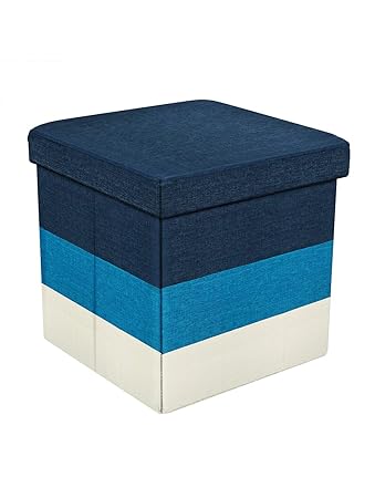 Story@Home Folding Collapsible Ottoman Foot Rest Stool for Home Living Room, Drawing Room, Balcony, Bedroom Decor Cloth Sundries Storage Organizer Cum Box - Faux Linen, Blue