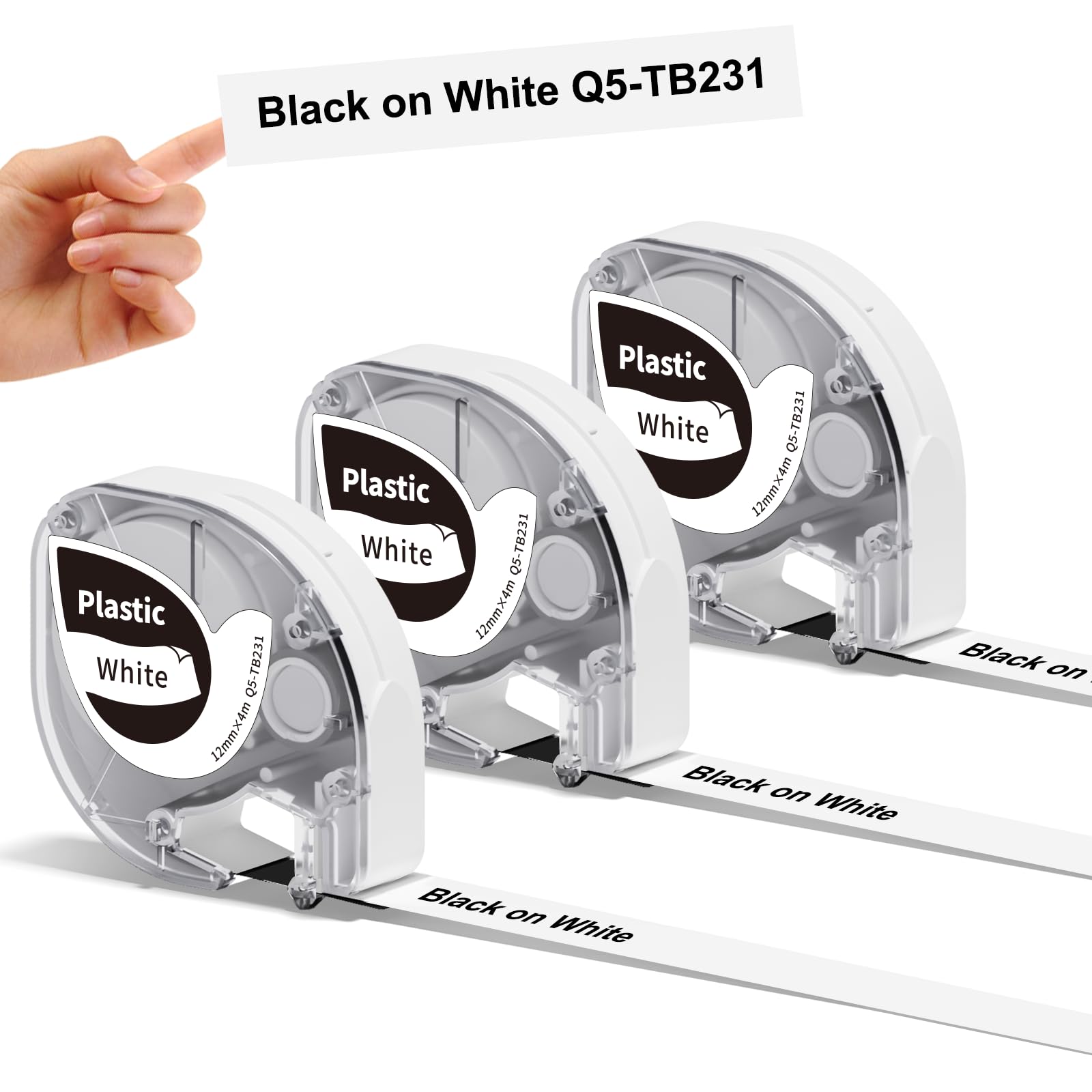 3X Phomemo P12 Thermal Label Tape Original 12mm x 4m Black on White Waterproof Plastic Self-Adhesive Label Tape for Phomemo P12/P12Pro/LT12 Label Printer & Compatible with Dymo LetraTag LT100H