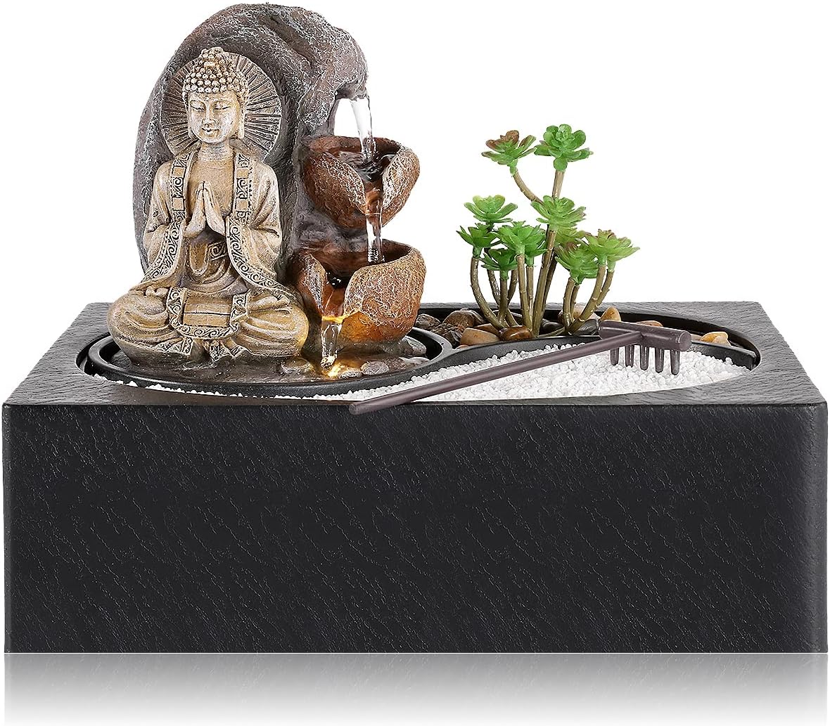 Indoor Fountains & Accessories - Tabletop Fountain Indoor, WICHEMI Tabletop Waterfall of Zen Garden Buddha Mini Waterfall with LED Warm Light for Office Home and Bedroom Desktop Decor