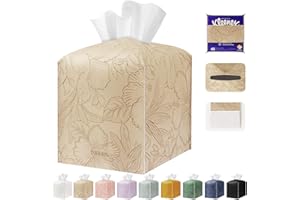PARIERIS Tissue Box Holder Cover Square Tissue Cube Cover PU Leather Tissue Organizer with Bottom Belt for Bathroom, Tabletop, Kitchen, Night Stands, Office, Home, Car (1, SoftBeige)