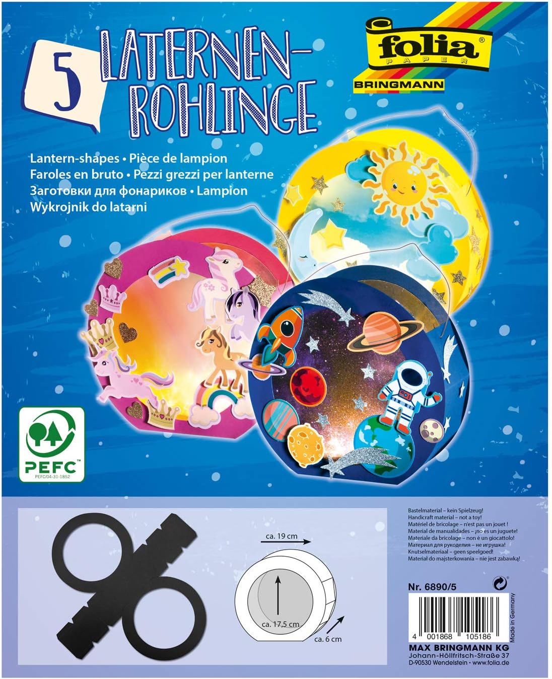 folia 6890/5 Round Lanterns Blanks Made of Photo Card 5 Pieces in Black for Gluing Together Diameter Approx. 19 cm Window Cut-Out Approx. 13.5 cm