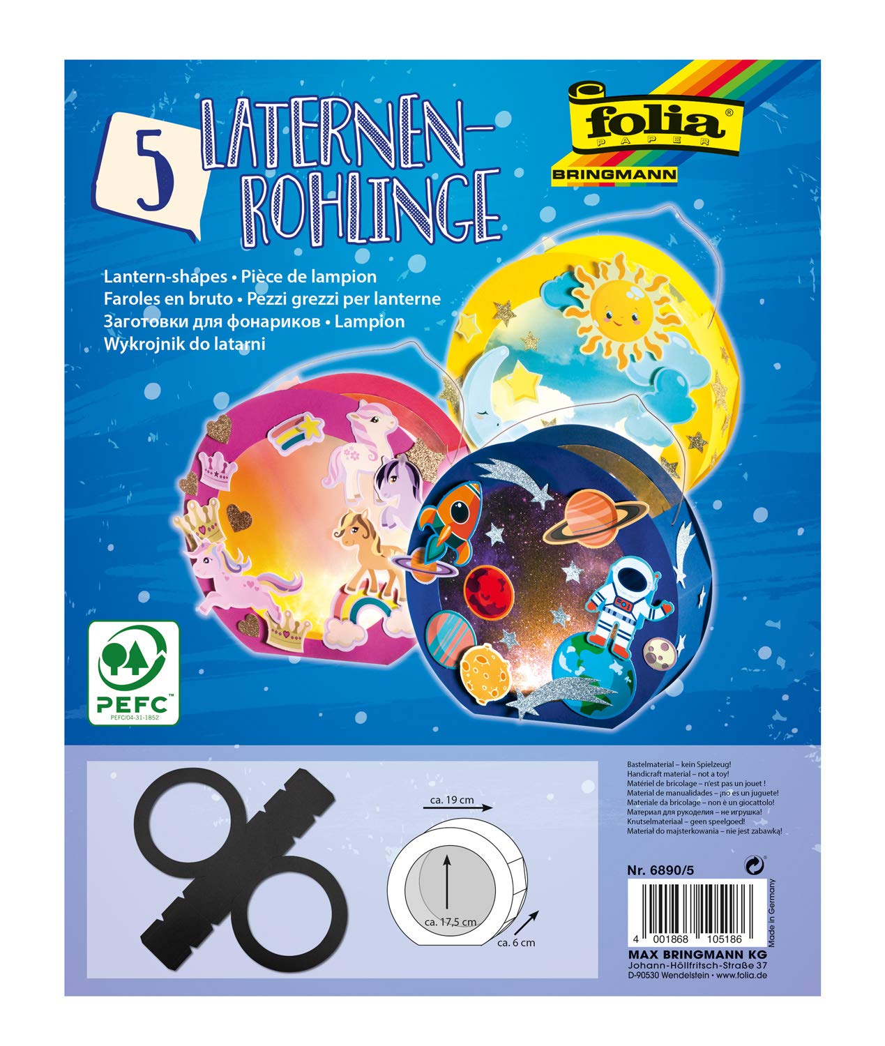 folia 6890/5 Round Lanterns Blanks Made of Photo Card 5 Pieces in Black for Gluing Together Diameter Approx. 19 cm Window Cut-Out Approx. 13.5 cm