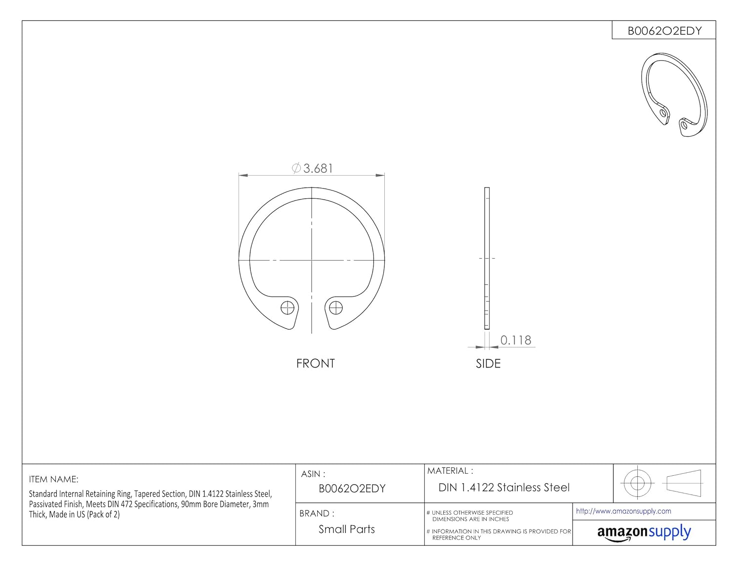 Купить Standard Internal Retaining Ring, Tapered Section, DIN 1.4122