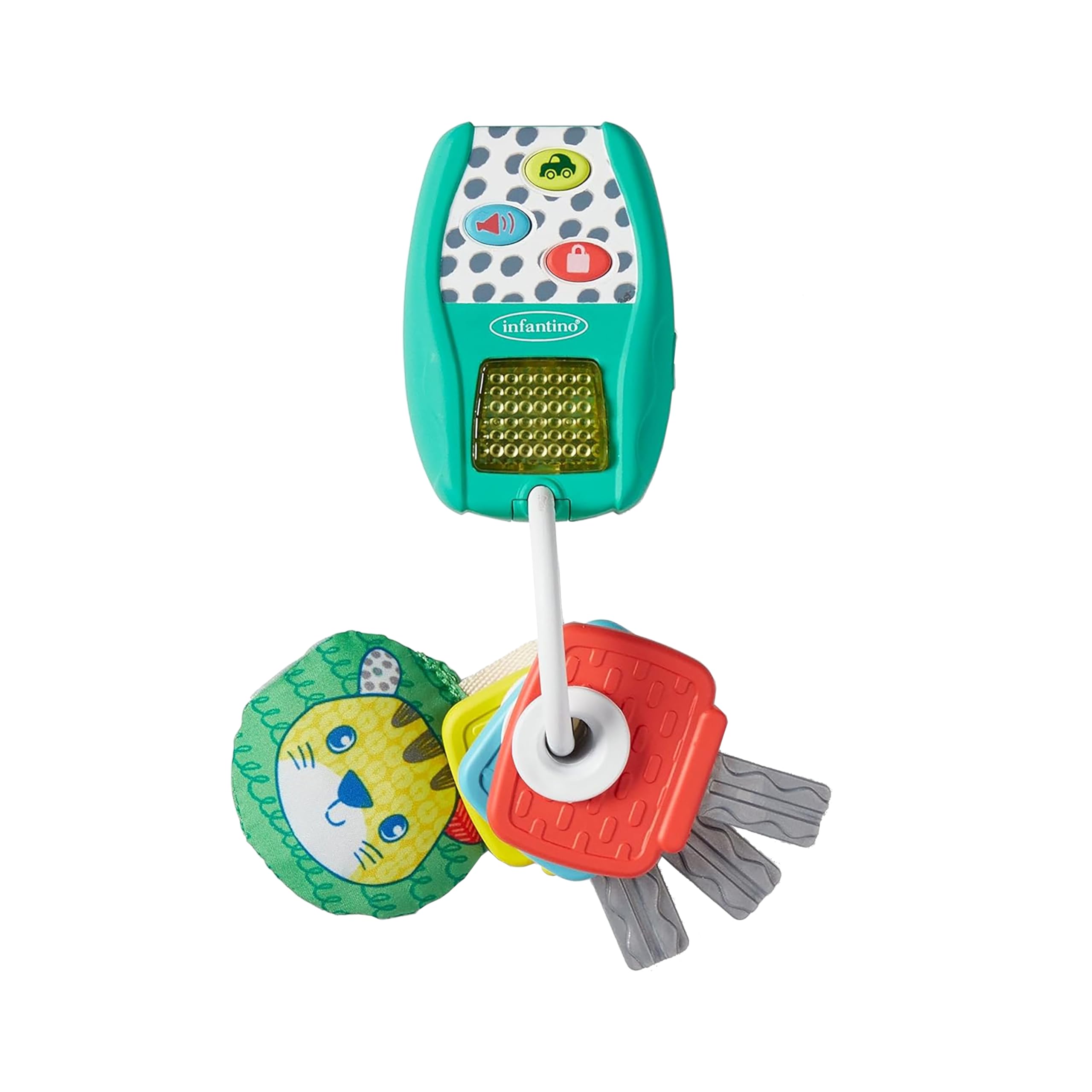 Infantino Music & Lights Key Ring - 4 Easy Press Buttons, Real Car Sounds, Crinkle Character & Rattling Keys, Ages 3 Months +