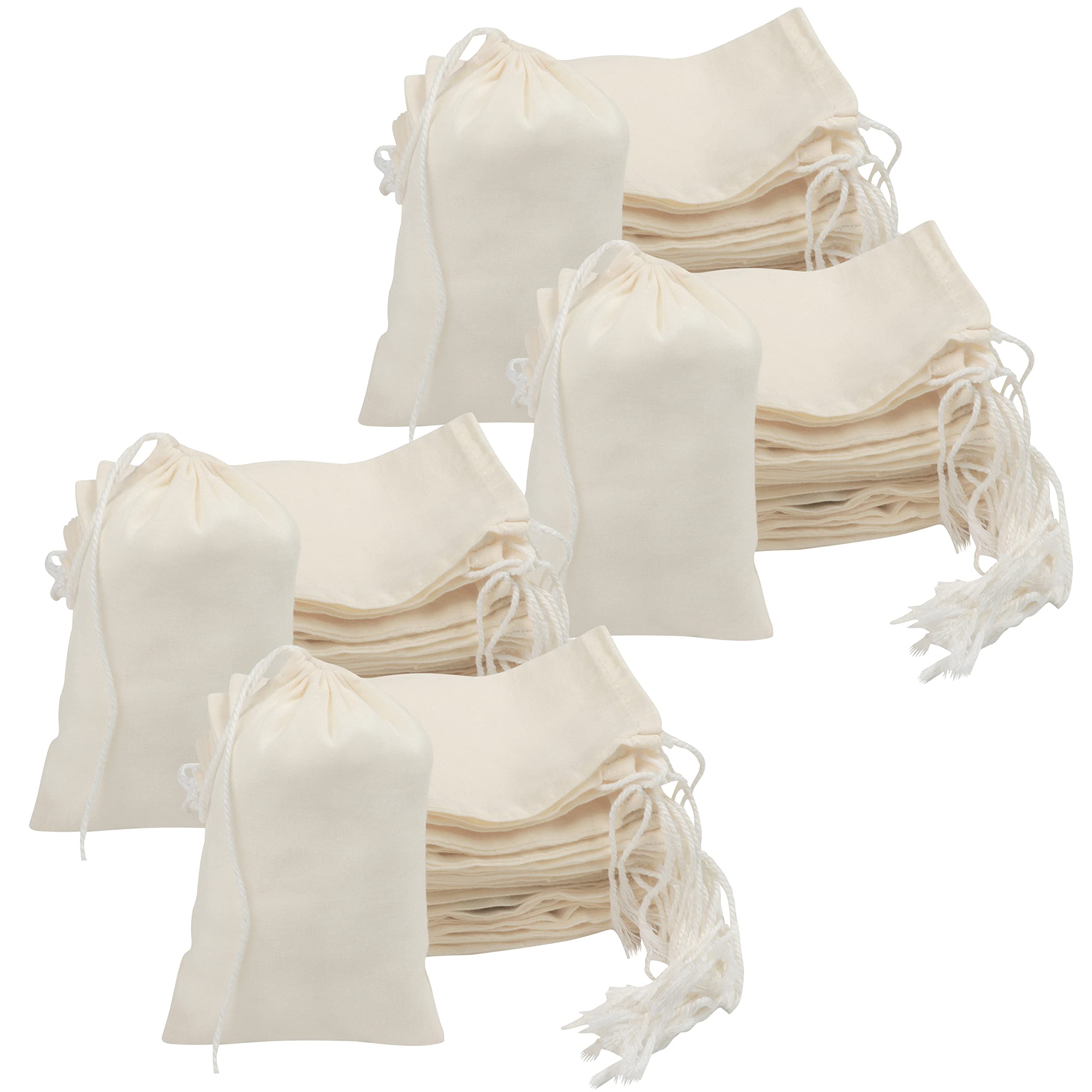 Belle Vous 100 Pack Small Natural Cotton Muslin Drawstring Produce Storage Bags - 10 x 15cm/4 x 6 Inches - Wedding & Party Gift Bag & Crafts Pouch