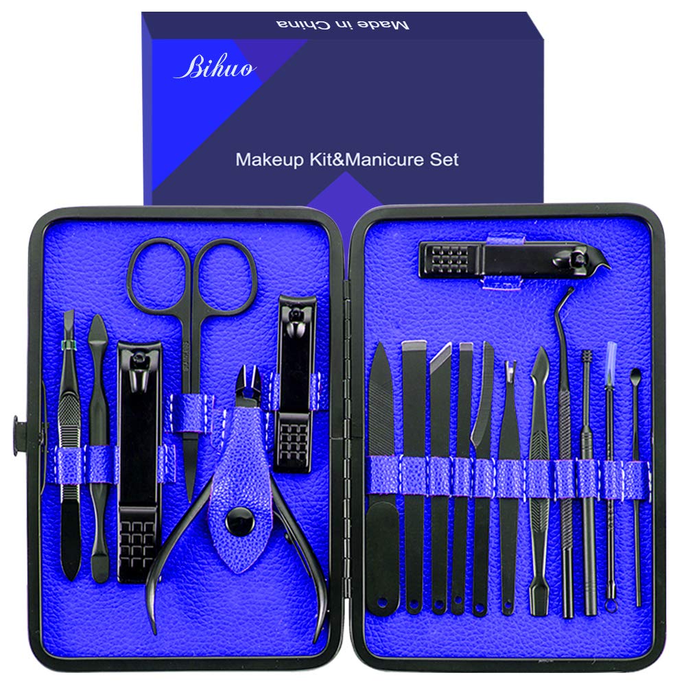 Manicure Set, Bihuo 18 In 1 Stainless Steel Professional Pedicure Kit Nail Scissors Grooming Kit with Black Leather Travel Case (Blue) : Beauty