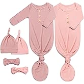 Baby Noah Newborn Knotted Gown Set with Hat and Headband, Soft Tie Bottom Newborn Sleepers for Baby Girl Boy (2 Packs)