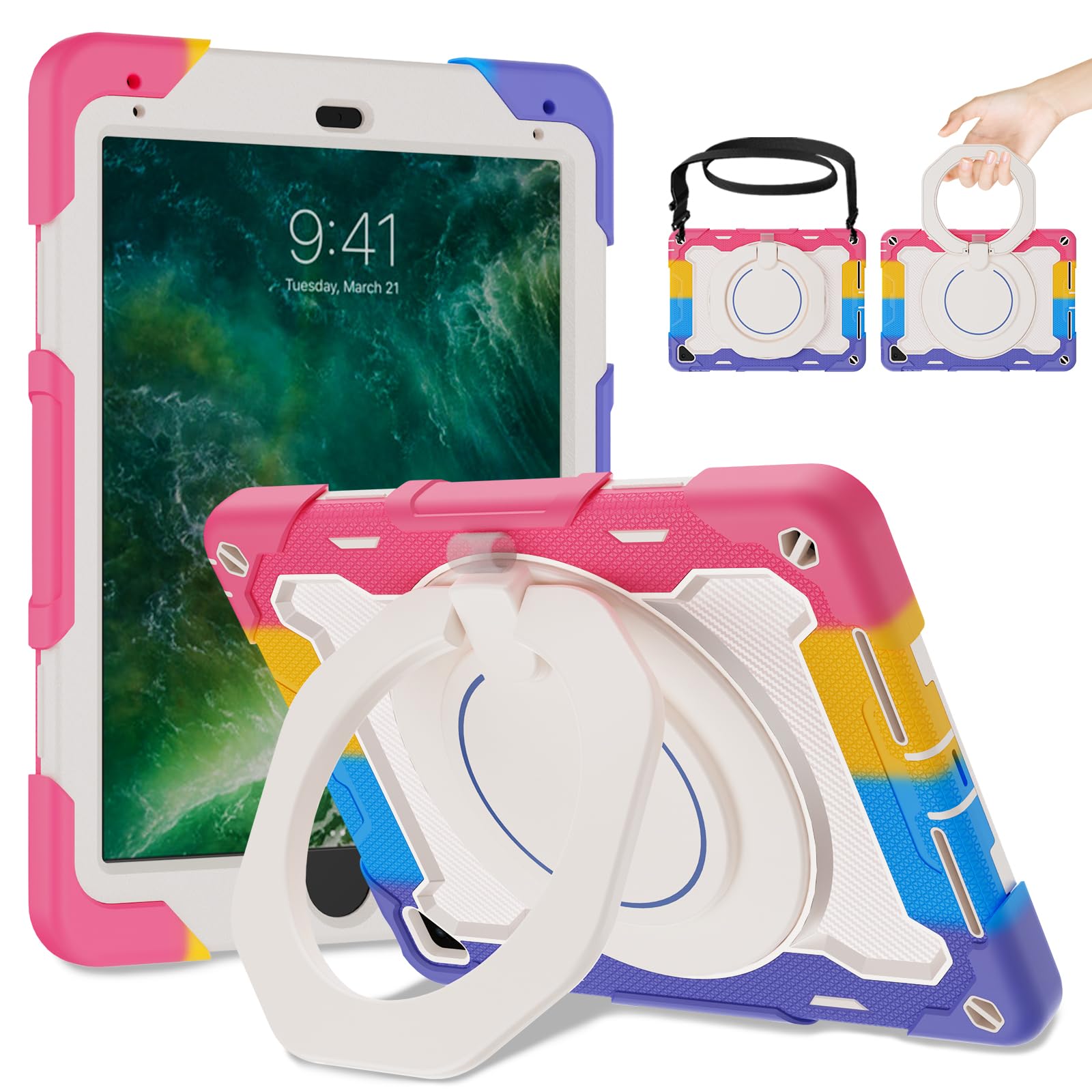 ROISKIN Case for iPad 6th/ 5th Generation 9.7 Inch: Heavy Duty Rugged Cover for Air 2/ Pro 9.7 2017/2018 with Screen Protector Pencil Holder [360 Rotating Stand]& Strap - Pink — image 1