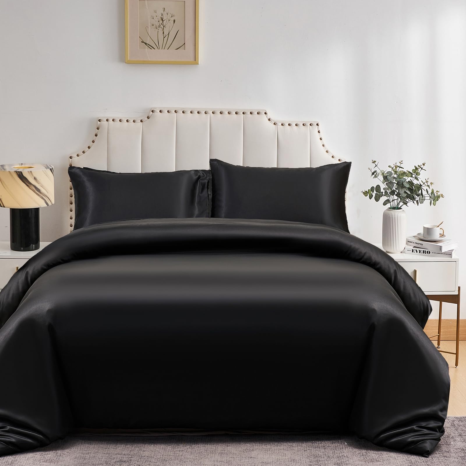 DuShow Satin Duvet Cover Set Black King,Soft Silky Duvet Cover And 2 Pillowcase Set,Lightweight Cooling Comforter Cover Set(Black,King) — image 1