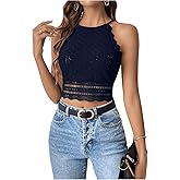 SweatyRocks Women's Floral Lace Slim Fit Crop Halter Top Sleeveless Cami Tank Tops