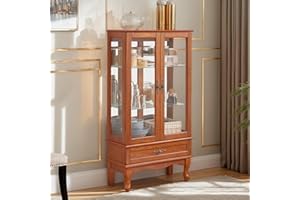CKEASEAN Lighted Curio Cabinet, 52" H Glass Display Cabinet with 3-Tier Adjustable Shelves, China Cabinet with Tempered Glass Doors for Living Room, Light Blub Included (Dark Oak)