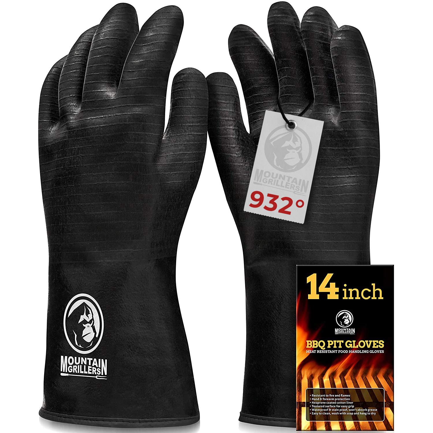 Mountain Grillers 14" Smoker BBQ Grill Extreme Heat Resistant Gloves - High Temperature Hand Protection Thick Gloves for Fire Pit Cooking, Barbecue Grilling, Fryer Oven Neoprene & Waterproof Coating