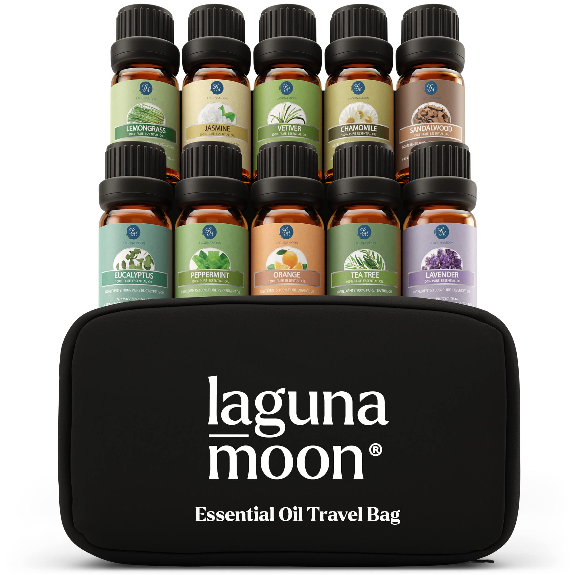 Lagunamoon Essential Oils Set, 10 Piece Aromatherapy Oil in Portable Bag - Diffusers, Humidifiers, Yoga, DIY Cleaning Products, Candle Making - Peppermint, Tea Tree, Lavender, Eucalyptus (10mL)