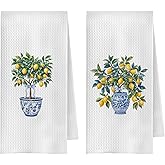 ChenCraty Chinoiserie Lemon Kitchen Towels Set of 2, Blue and White Lemon Dish Tea Towels for Kitchen Decor, Grandmillennial Decorative for Bathroom, 16x24 Inches