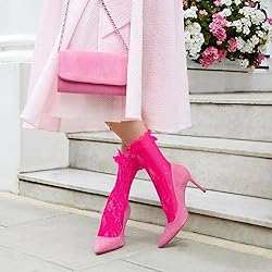 MKYSZLT Women White Lace Socks Hot Pink Ruffle