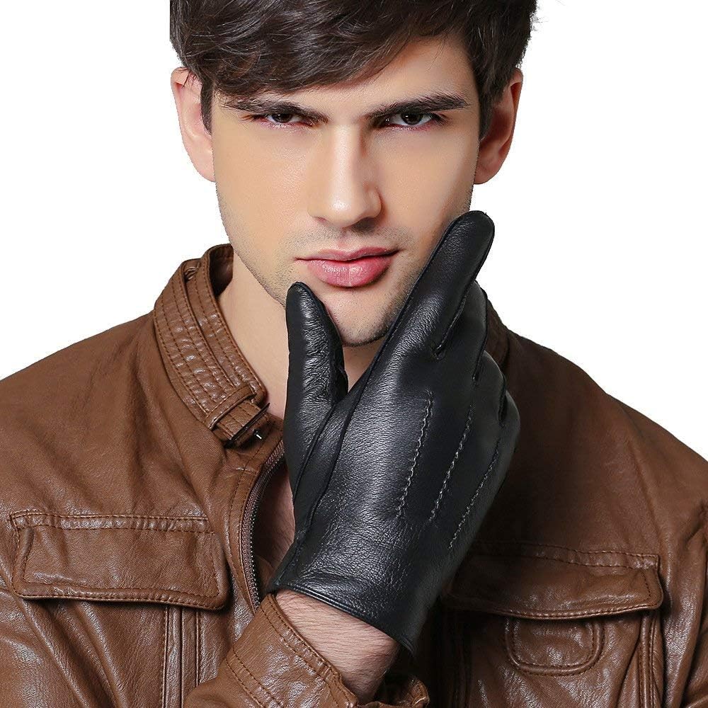 QGhappy Touchscreen man's winter warm leather gloves for Texting Driving, inside of Coral fleece (Black)
