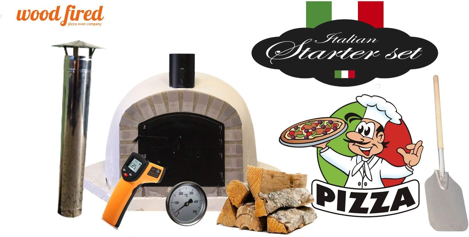 White Deluxe Corner Extra Wood Fired Pizza Oven Starter Kit, Grey Arch, Black Door, 80cm x 80cm