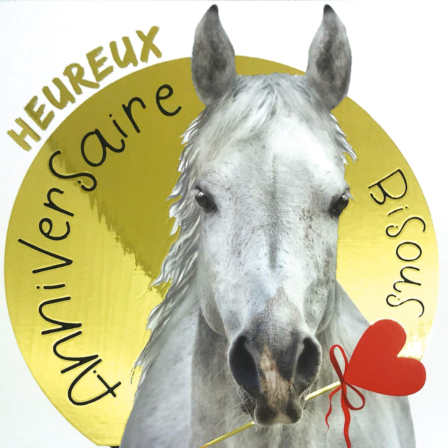 Afie Happy Birthday Card Kisses White Horse Red Heart Gold Background Shiny Textured Effect 22061, Red, Gold, a6 - Image 3