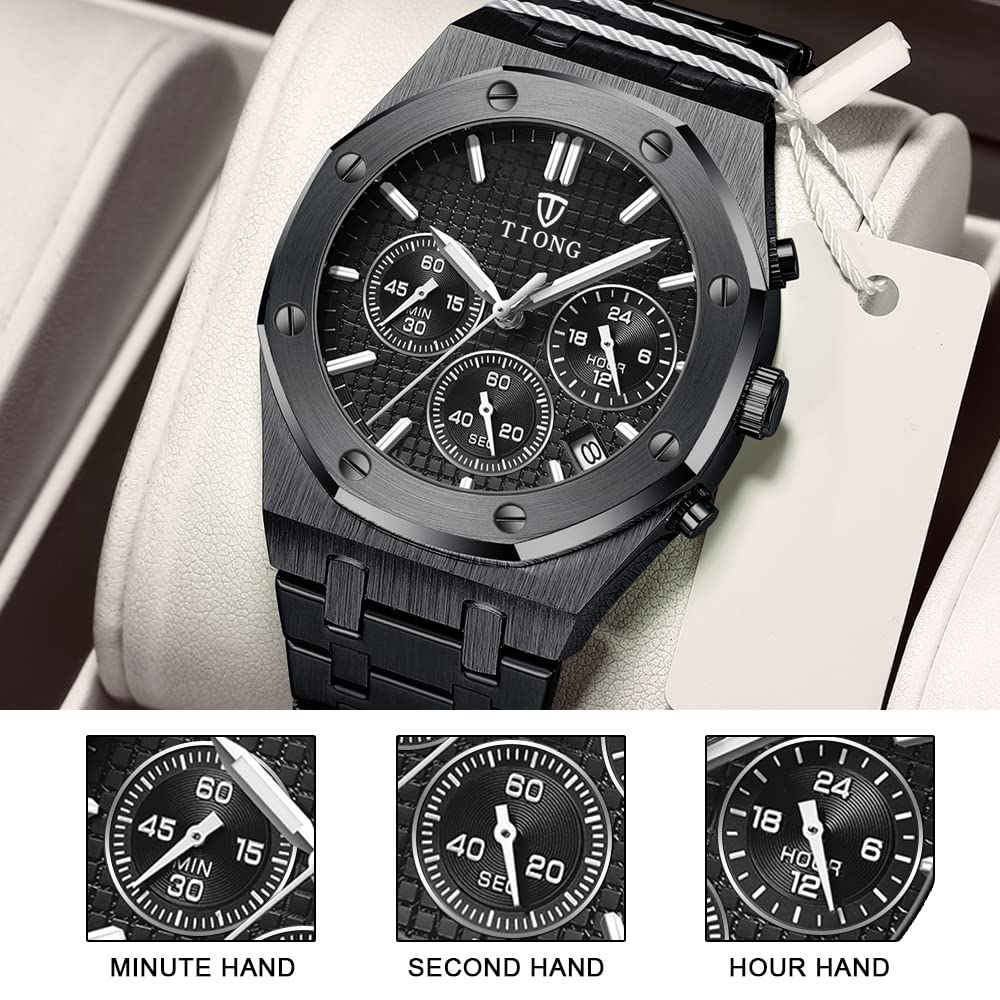 Tiong Men's Watch Chronograph Stainless Steel Waterproof Quartz Business Watch Men
