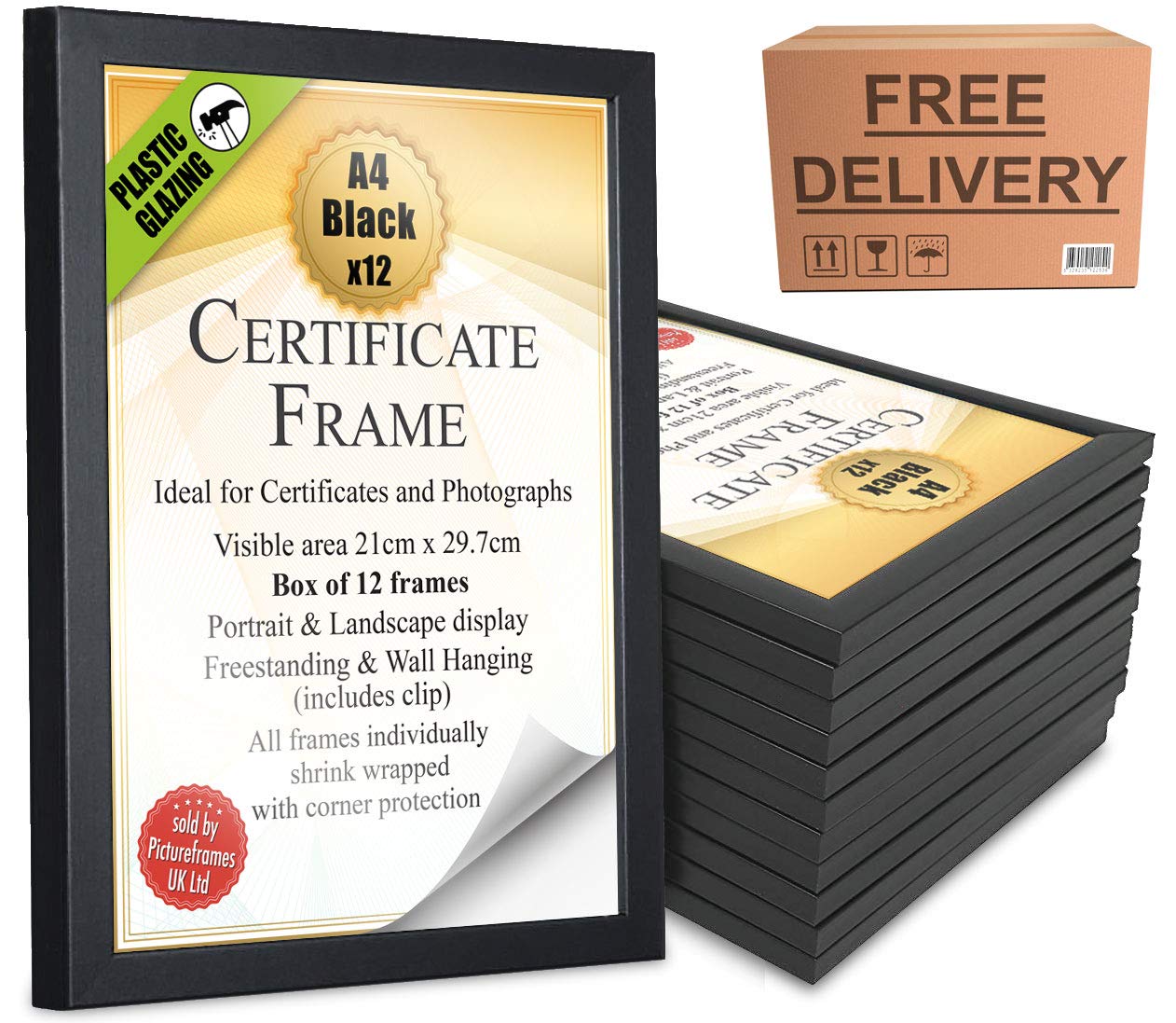 Black A4 Picture Frames, Box of 12, Ready to Hang and Stand, Perspex