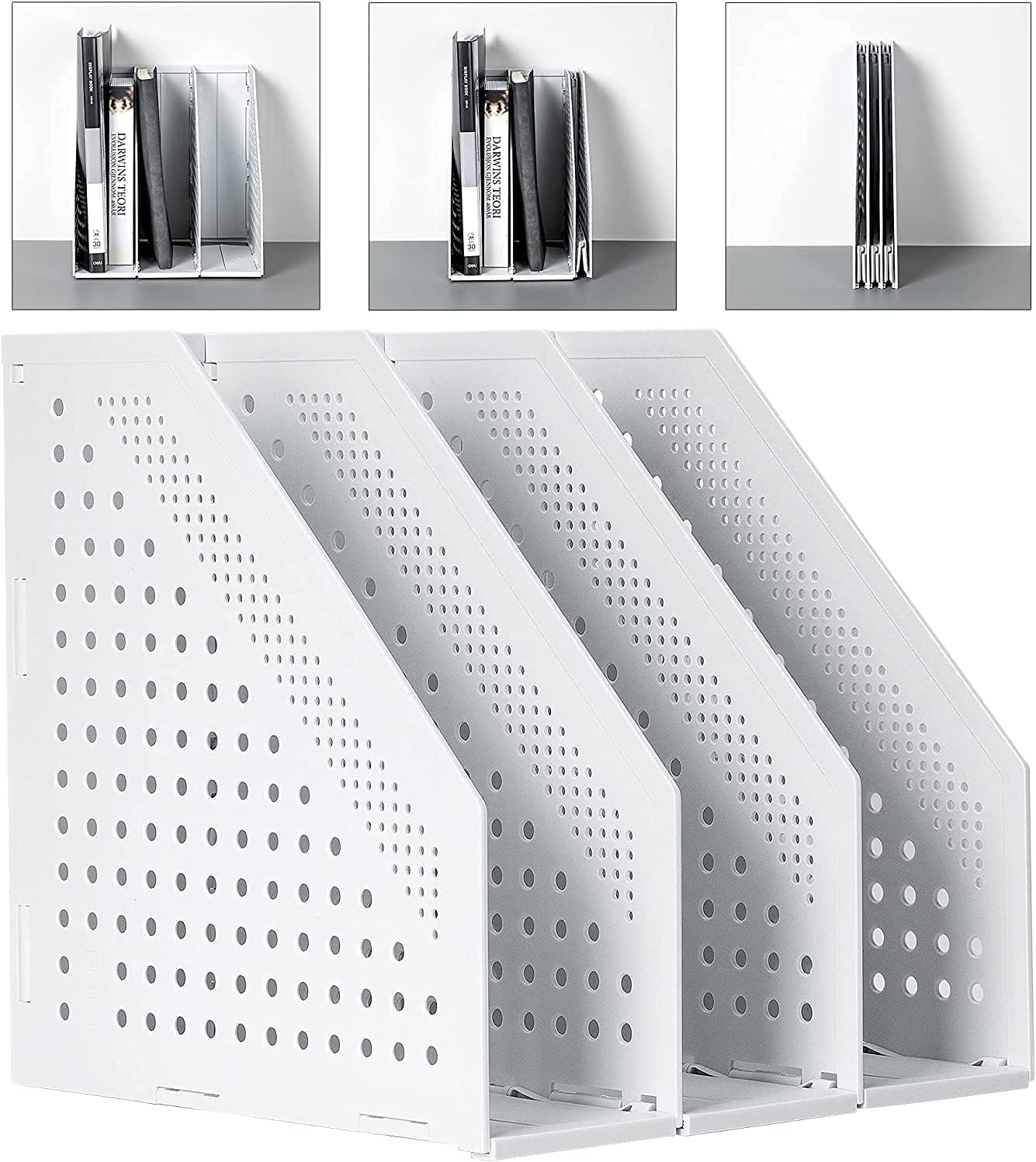 Sivelike A4 File Holder Folding Bookshelf,1 Year Warranty,3 Vertical Compartments magazine file holder,Desk Organizer Document Folder for Office Organization and Storage (Light gray, 3 Compartments)