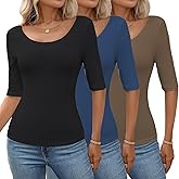 Zevi Women's 3-Pack Slim Fit Scoop Neck T-Shirts | Cotton Blend Stretch Half Sleeve Tops | Tight Fitted Casual Basic Tees