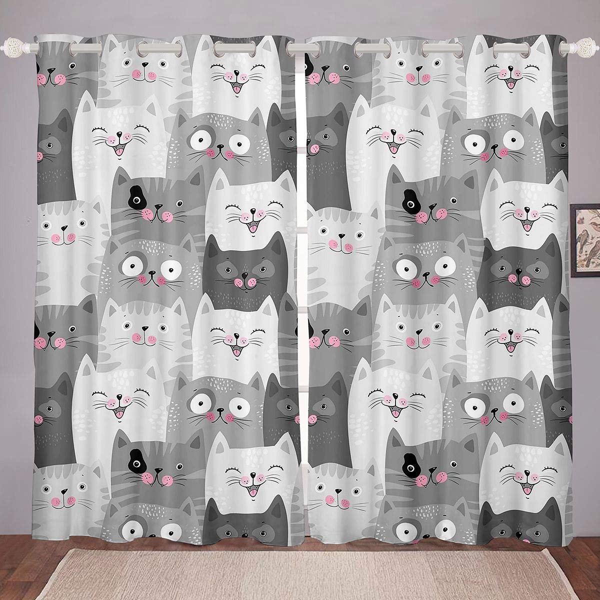 Kids Cartoon Cat Print Window Curtains for Bedroom Living Room Cute Animal Pattern Curtains Boys Girls Pet Cat Lovers Window Drapes Various Categories Window Treatments,W46*L72