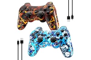 Kujian Controller for PS3, Wireless Controller for Playstation 3 6-axis Dual Vibration Gaming Controller with Charging Cord(Blaze Skull+Blue punk)