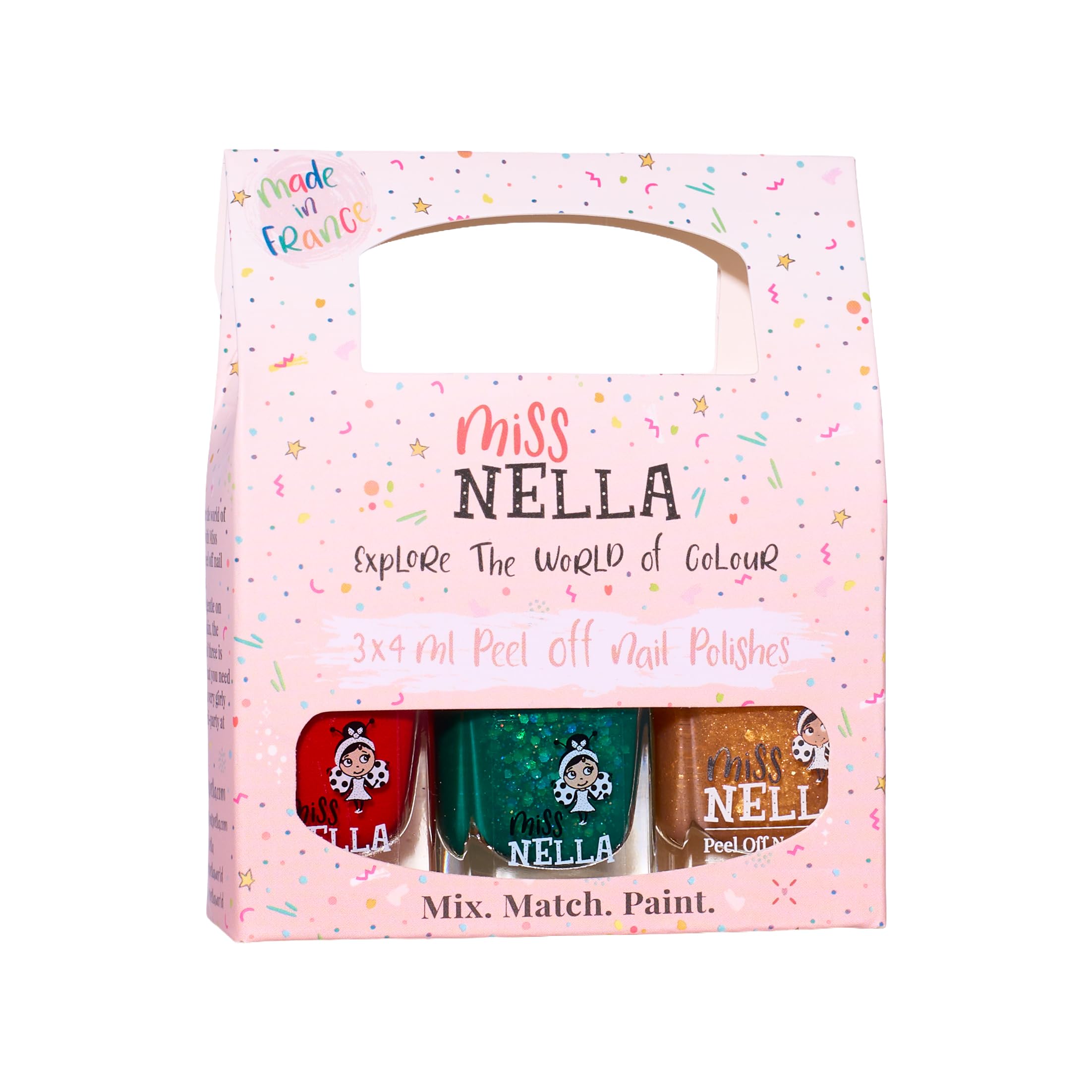 Miss Nella CHRISTMAS SPARKLE- Peel Off, Odour Free, Water Base & Safe for kids nail polish pack of 3- green (glitter), red & gold (glitter)