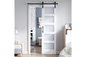 ROYMELO 24x84 Inch Glass Sliding Barn Door Slab and 4ft Hardware Kit Included, 5 Frosted Glass, LVL Wood Panel Covered with White Water-Proof Scratch-Proof PVC Surface, Simple DIY Assembly