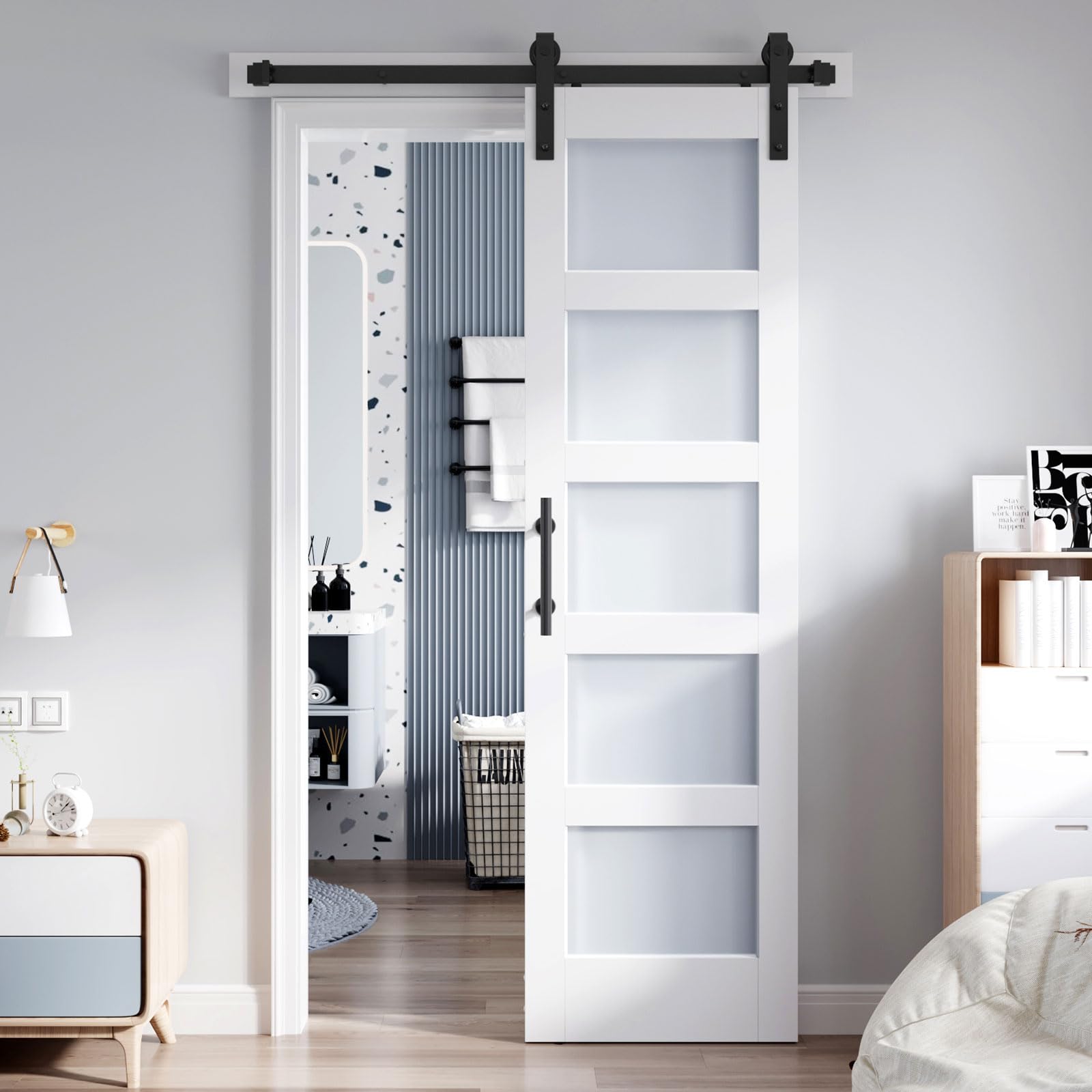 Photo 1 of ROYMELO 24x84 Inch Glass Sliding Barn Door Slab and 4ft Hardware Kit Included, 5 Frosted Glass, LVL Wood Panel Covered with White Water-Proof Scratch-Proof PVC Surface, Simple DIY Assembly