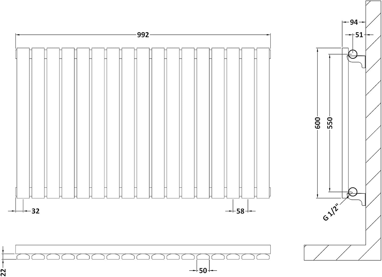 Nuie HLA56 Sloane Modern Home Wall Mount Designer Horizontal Single Panel Radiator, 600mm x 992mm x 53mm, Anthracite - Image 3