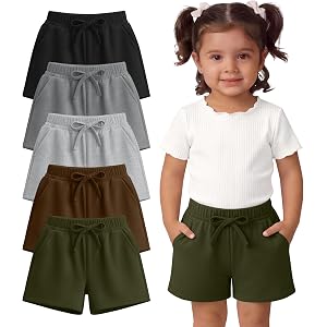 Yooo's Vivi 5 Pack Toddler Girls Shorts | 18M-5T, Sweat, Pockets, Kids, Elastic Waist, Bow, Paperbag, Casual, Breathable, Lig