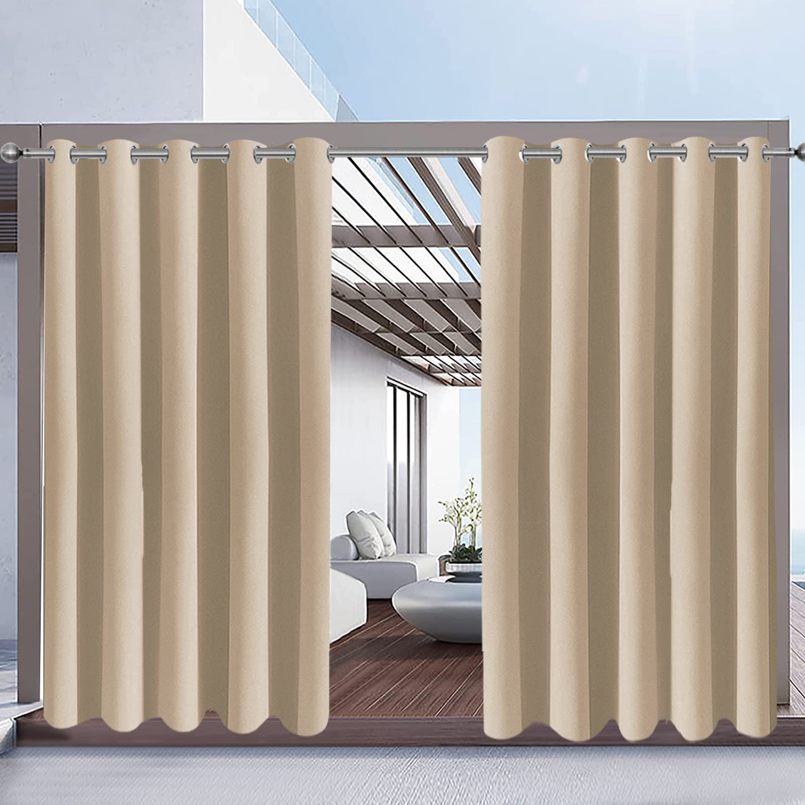 Rosnek Outdoor Curtains Waterproof,Thermal Insulated Pergola Curtains Blackout Gazebo Curtain Waterproof Windproof with Eyelet for Patio/Garden/Pergola,Beige,71W''x 96L'',1 Panel
