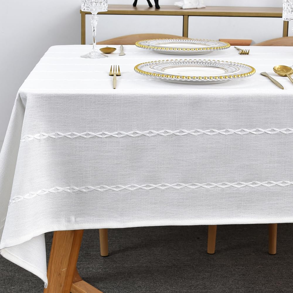 Plenmor Table Cloth for Rectangular Table Natural Tablecloth for Outdoor Cotton Linen Looking Fabric Table Cover for Kitchen Garden (White, 135x250 cm) — image 1
