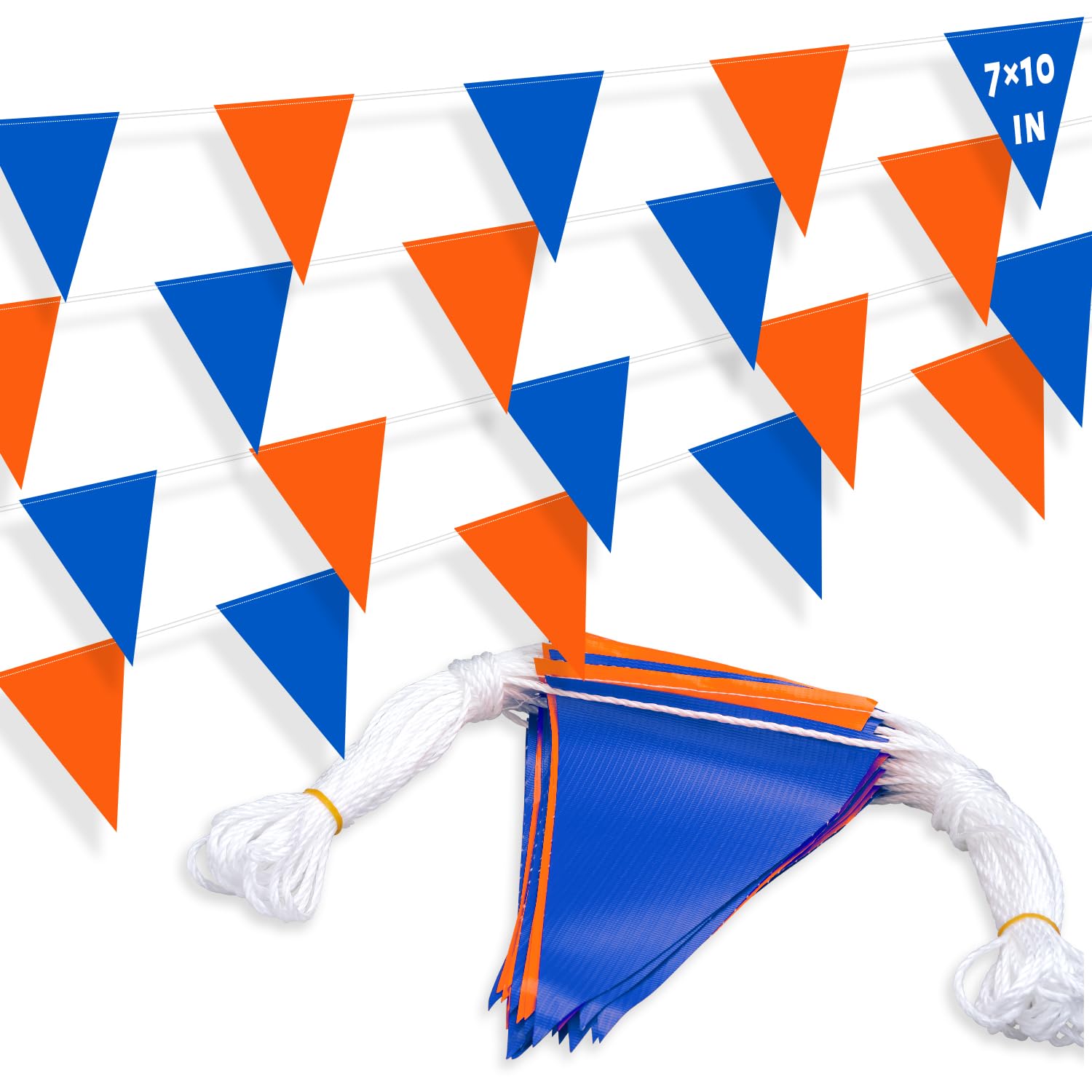 Photo 1 of 105ft Pennant Banner Flag, 7"x10" Fluorescent Orange and Blue Safety Flagging Banner Warning Flag for Construction Site/Traffic Control/Boundary Barrier Signs, Perimeter Marking Flags on String, 45 Flags