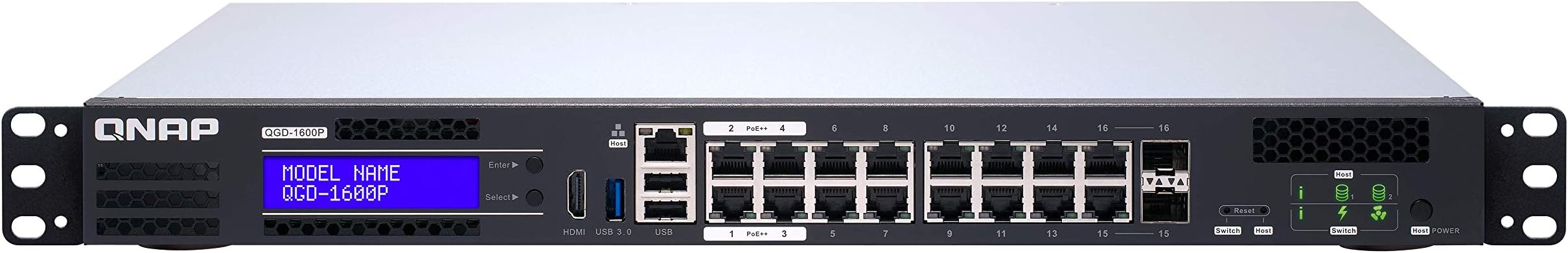 QNAPQGD-1600P-8G 16 Port Smart Edge PoE Switch with 1GbE (RJ45) and 1GbE (SFP/RJ45) Combo Ports, Intel Celeron J4115 CPU