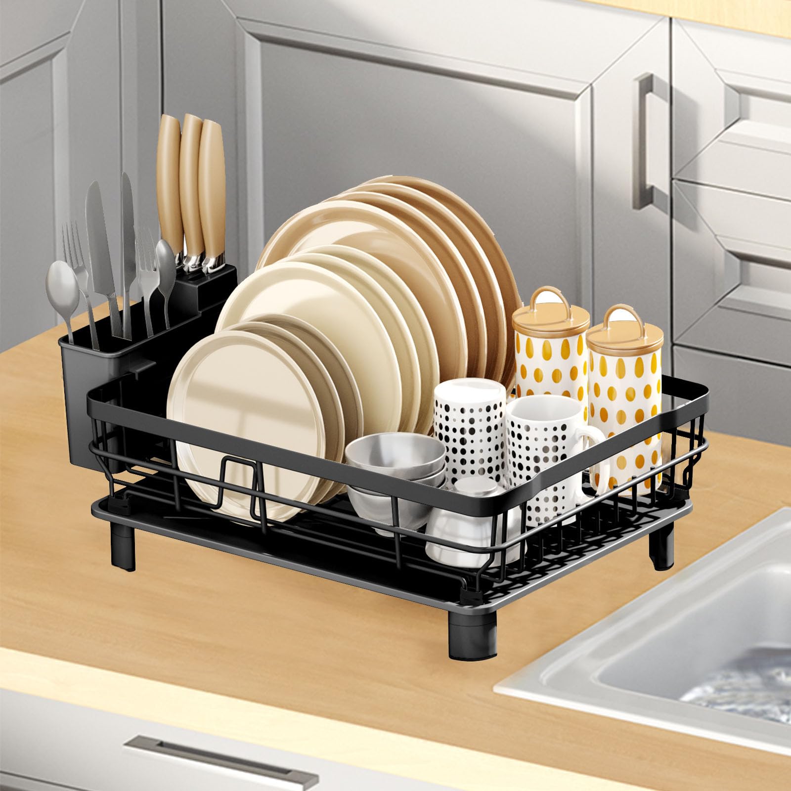 Photo 1 of GAXmi Dish Drying Rack Over The Sink Drainer with Drainboard Utensil Holder, 1-Tier Black