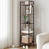 Hzuaneri Bookshelf, Book Shelf, Industrial Bookcase with 2 Hooks, Coner Shelf Storage Organizer for Home Office, Living Room, Bedroom, Kitchen, 5-Tier Rustic Brown BC10501B