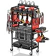 CCCEI Power Tool Organizer Cart with Charging Station, Garage Floor Rolling Storage Cart on Wheels for Mechanic, Mobile 6 Drill, Tool Box Utility Cart with Battery Charging Power Strip, Red.