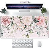 Desk Pad, Pink Watercolor Flowers and Green Leaves Extended Large Gaming Mouse Pad XXL, Large Desk Mat for Desktop with Non-Slip Rubber Base Stitched Edges for Home Office Gaming 35.4"X15.7"
