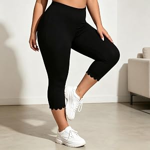 Plus Size Women's High Waisted Scallop Hem Capri Pants Solid Slim Fit Cropped Trousers Swimming Leggings