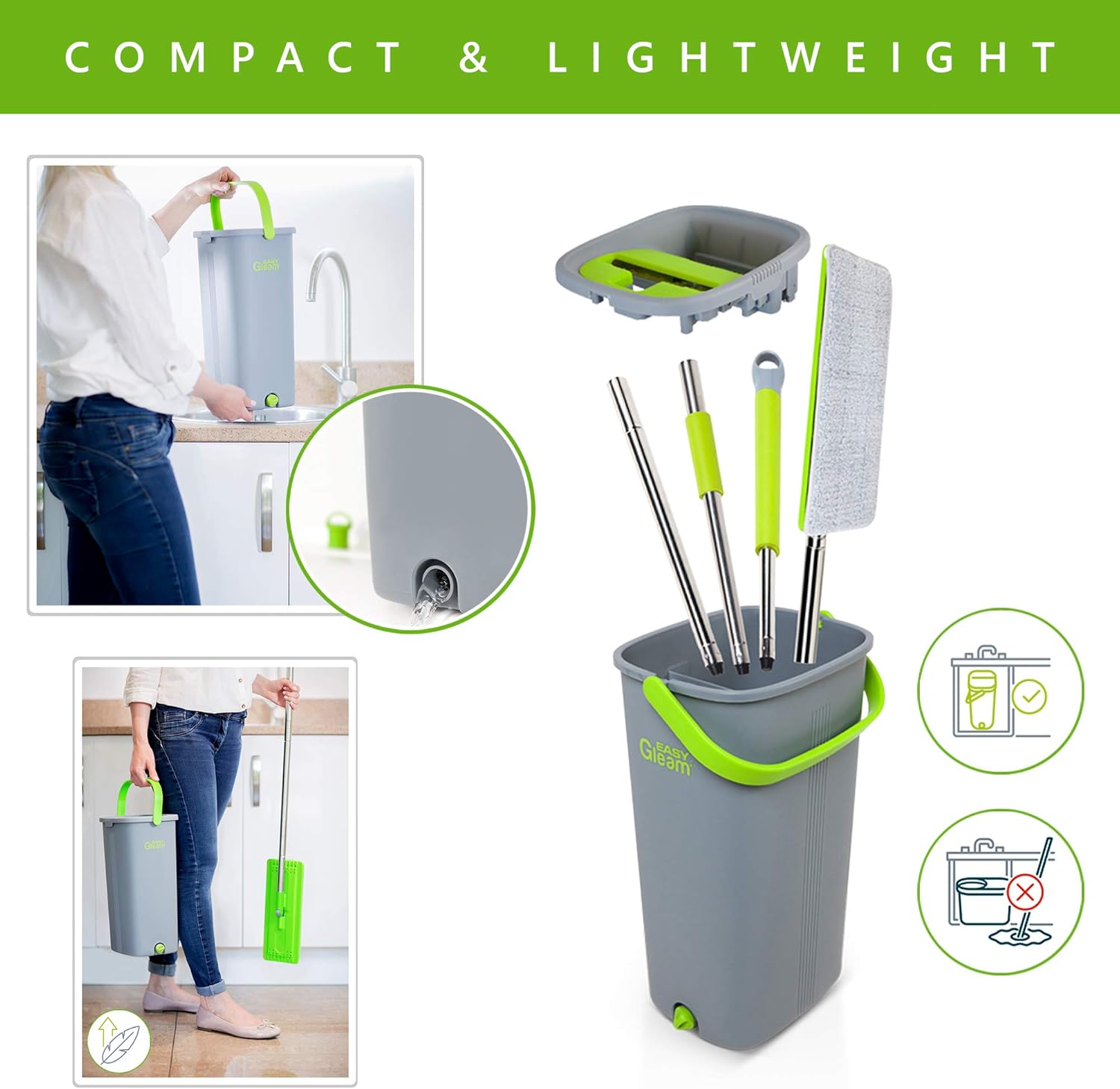 EasyGleam Mop and Bucket Set. Microfiber Flat Mop with Stainless Steel Handle, Innovative Twin Chamber Bucket for Wet & Dry use. 3 Reusable Pads Supplied, Suitable for All Floor Types: Kitchen & Dining
