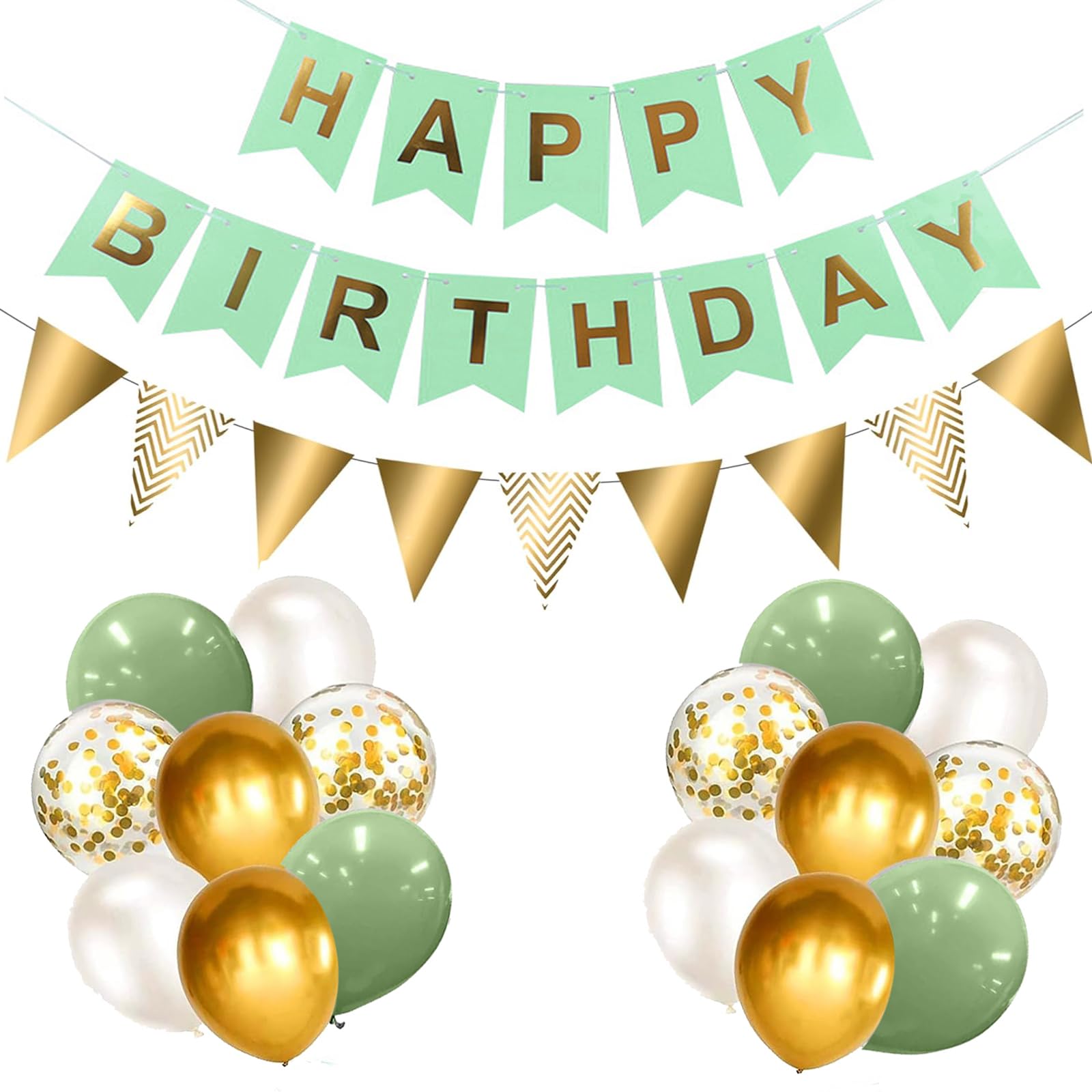 Green Gold Happy Birthday bunting Banner Decoration Balloons, Ribbons and Banners for Party Supplies（GN+GD+PT）
